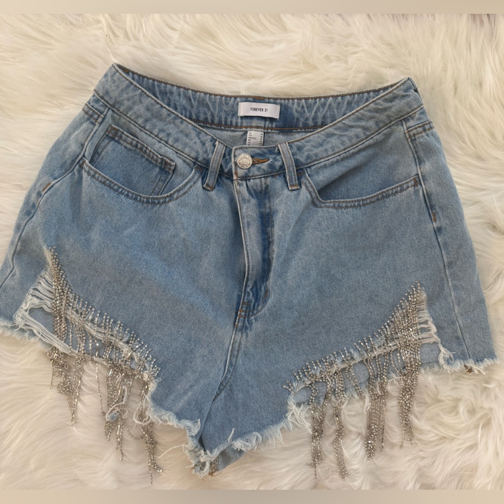 Forever 21 Light Blue Jean Shorts with Silver Fringe